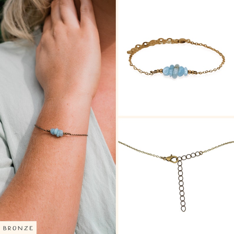 Aquamarine bead bar crystal bracelet in bronze, silver, gold or rose gold 6 chain with 2 adjustable extender March birthstone image 6