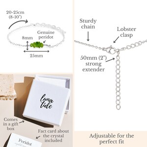 Peridot bead bar crystal gemstone anklet in bronze, silver, gold or rose gold 8 chain with 2 adjustable extender August birthstone image 8