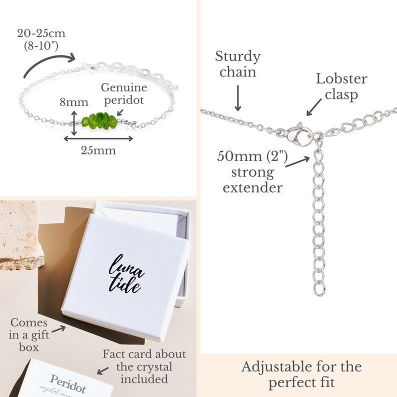 Peridot bead bar crystal gemstone anklet in bronze, silver, gold or rose gold 8 chain with 2 adjustable extender August birthstone image 8