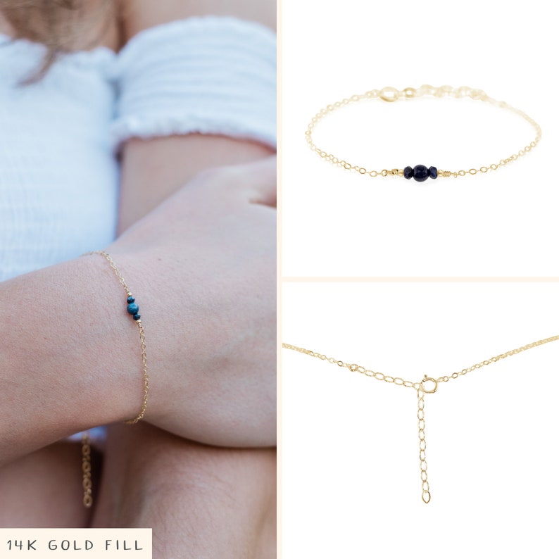 Sapphire dainty gemstone bracelet in gold, silver, bronze, rose gold 6 chain with 2 adjustable extender September birthstone bracelet 14k Gold Fill