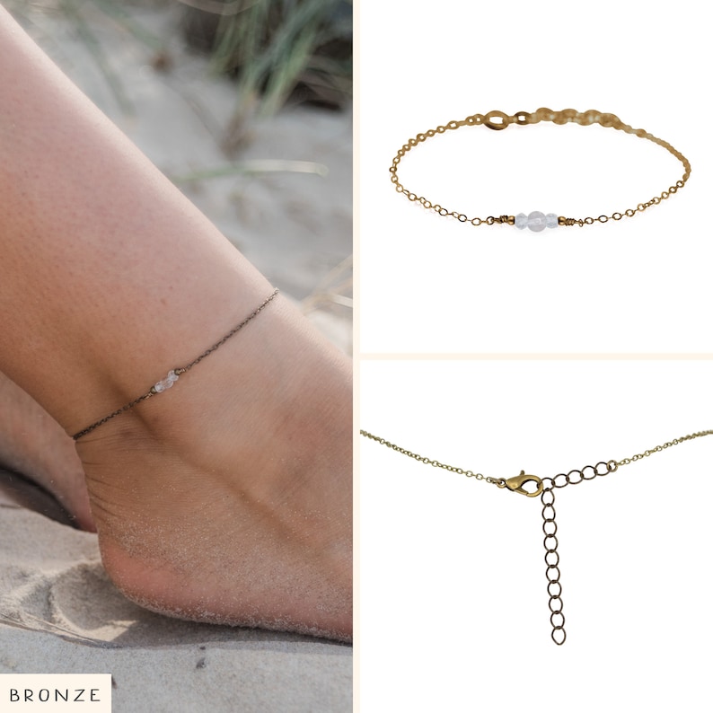 Crystal quartz ankle bracelet. Crystal quartz anklet. Rock crystal anklet. Gemstone anklet. Crystal anklet. April birthstone. Boho jewelry Bronze