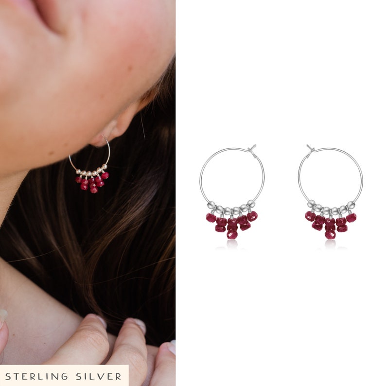 Ruby hippie earrings. Hoop fringe earrings. Modern tribal hoops. Statement earrings. Ruby earrings. Beaded earrings. July birthstone image 4