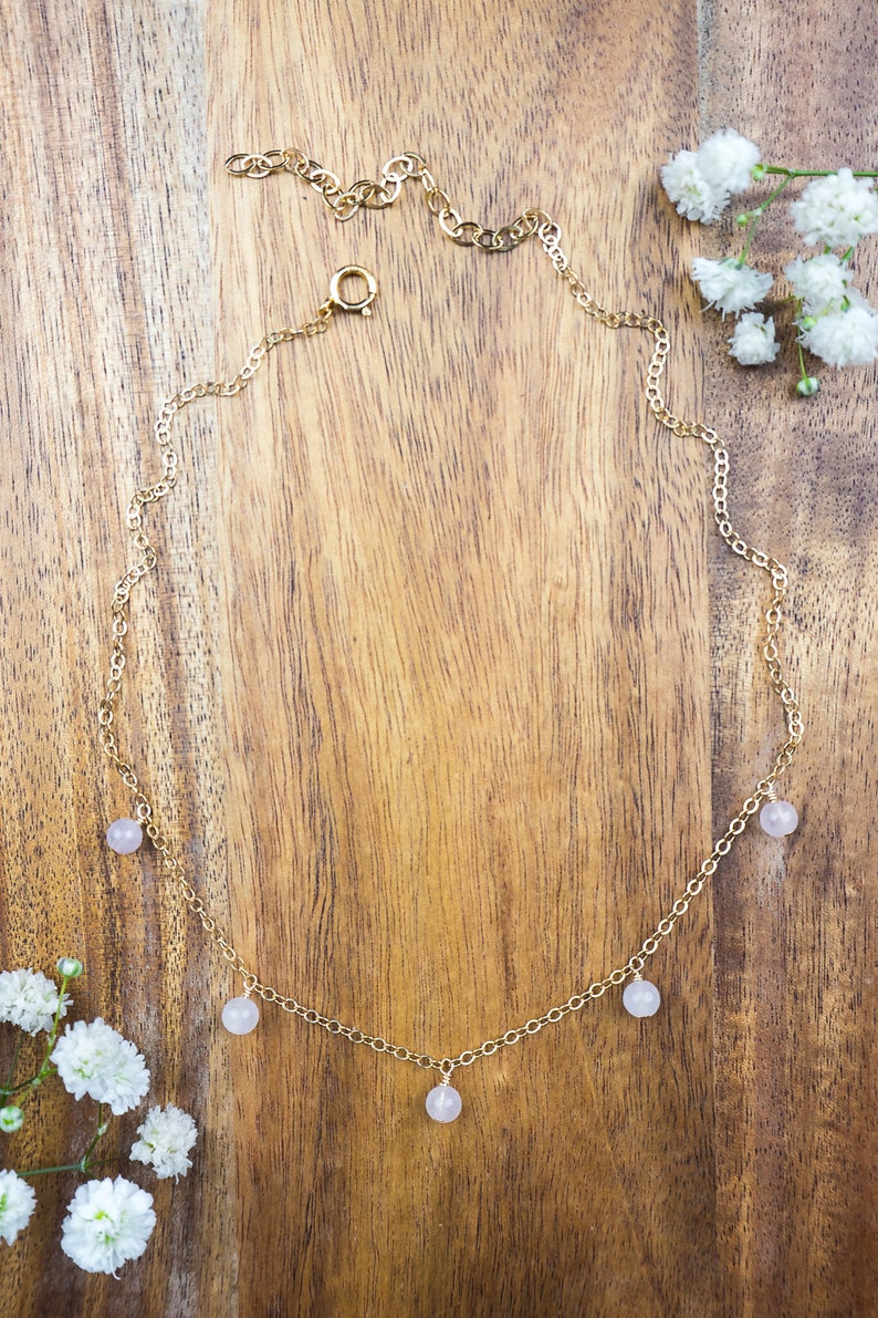 12 with 2 extender Boho rose quartz bead drop choker necklace in bronze January birthstone gold or rose gold Ships from USA silver