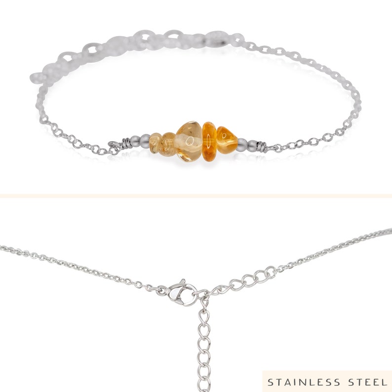 gold or rose gold silver Citrine bead bar crystal gemstone anklet in bronze 8 chain with 2 adjustable extender November birthstone