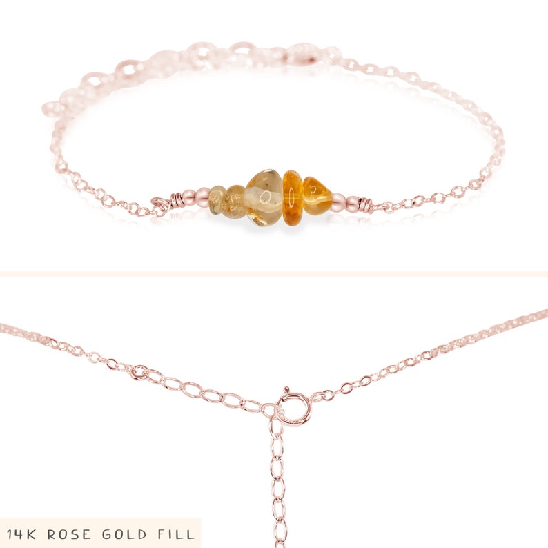 Citrine bead bar crystal bracelet in bronze, silver, gold or rose gold 6 chain with 2 adjustable extender November birthstone 14k Rose Gold Fill