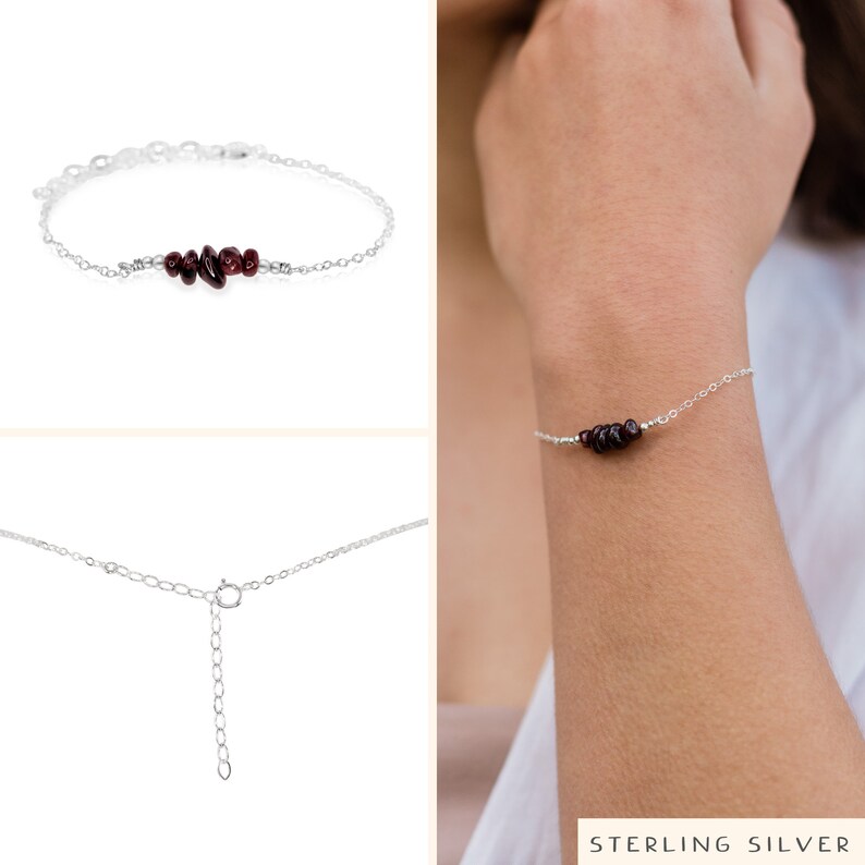 Garnet bead bar crystal bracelet in bronze, silver, gold or rose gold 6 chain with 2 adjustable extender January birthstone image 4