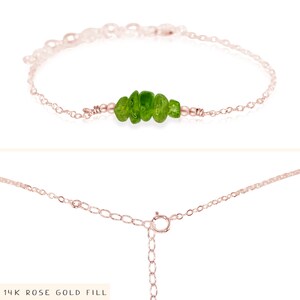 Peridot bead bar crystal bracelet in bronze, silver, gold or rose gold 6 chain with 2 adjustable extender August birthstone 14k Rose Gold Fill