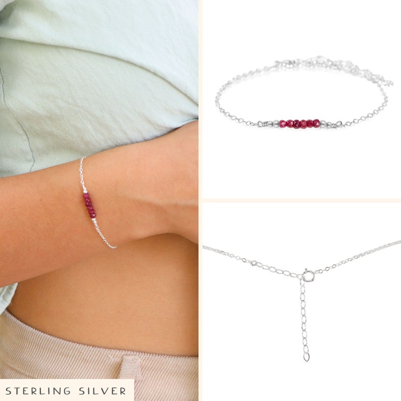 Red ruby beaded bar bracelet. Real genuine crystal bead bracelet. Red precious gemstone bracelet. July birthstone bracelet gift for her. image 4