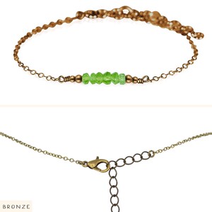 Green peridot bead bracelet. Tiny peridot rondelle bead bar gemstone bracelet. Peridot beaded bar bracelet. August birthstone bracelet. Bronze
