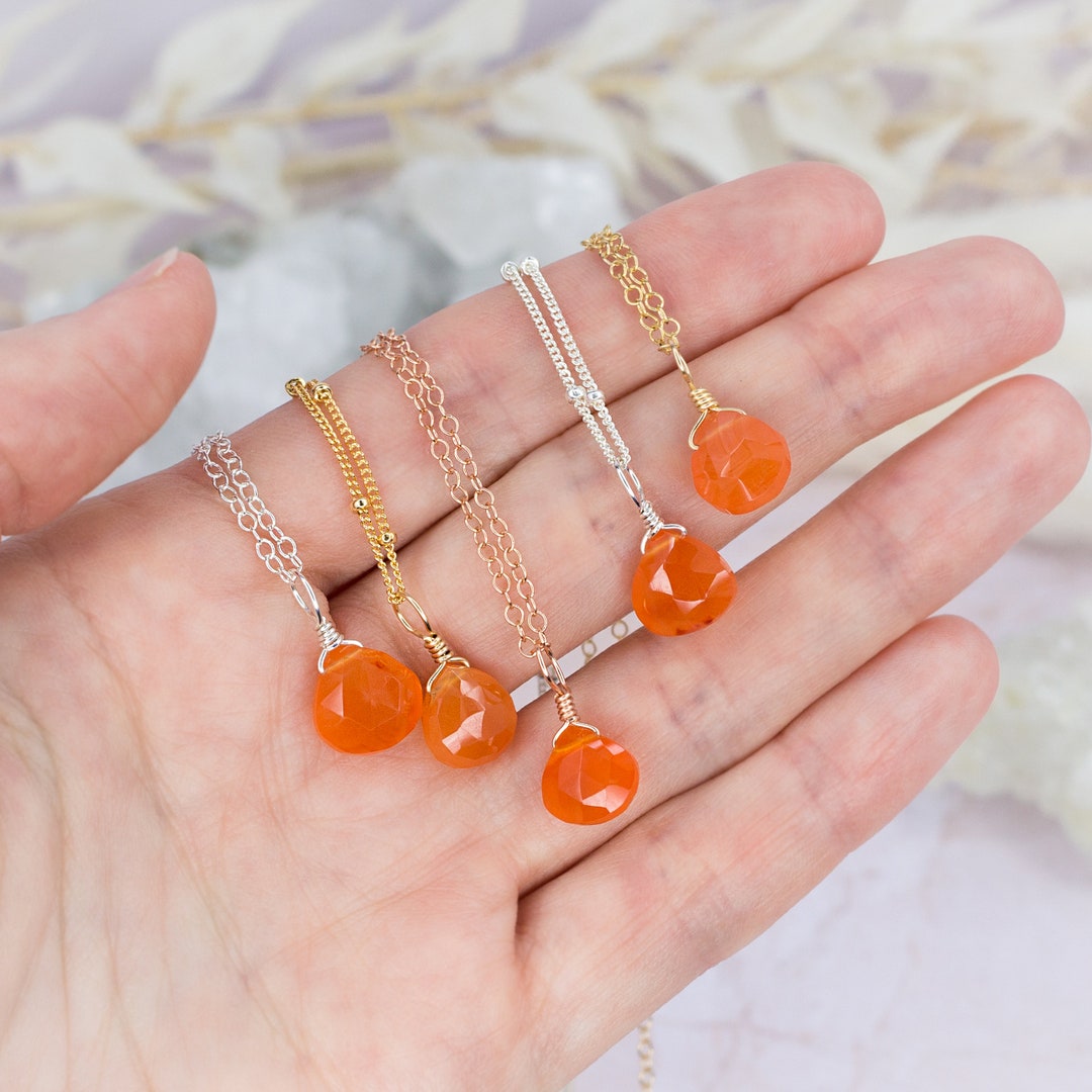 Tiny Carnelian Necklace - Small Carnelian Faceted Teardrop