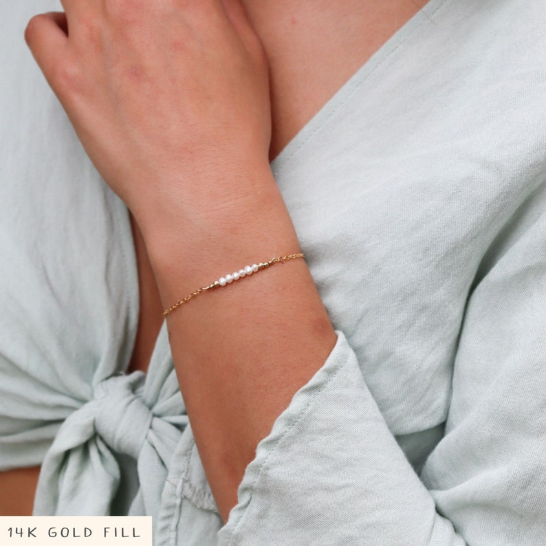Tiny freshwater pearl bead bar bracelet. White pearl bracelet. Elegant beaded bar bracelet for women. Dainty June birthstone bracelet gift. image 1