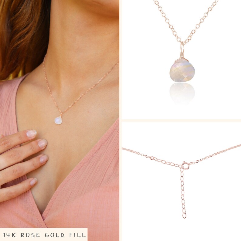 Tiny moonstone necklace. June birthstone necklace gift for women. Gemstone necklace gift for girlfriend. Rainbow moonstone crystal necklace. image 3