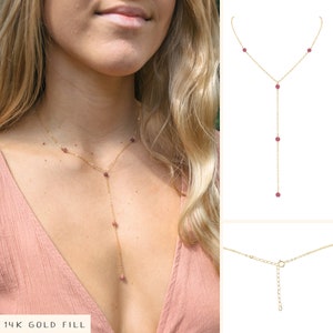 Pink tourmaline bead chain lariat necklace in bronze, silver, gold or rose gold. 16 long with 2 adjustable extender. October birthstone image 2