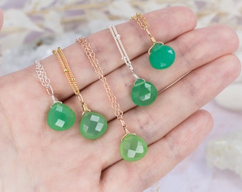 Tiny chrysoprase necklace - Small chrysoprase faceted teardrop necklace - Natural green chrysoprase necklace - May birthstone necklace