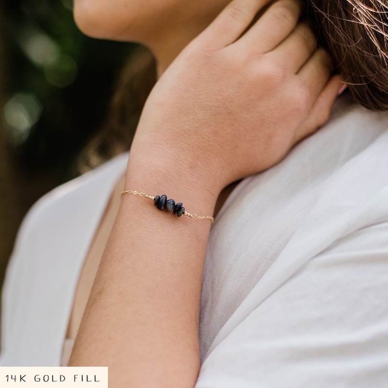 Sapphire bead bar crystal bracelet in bronze, silver, gold or rose gold 6 chain with 2 adjustable extender September birthstone image 1