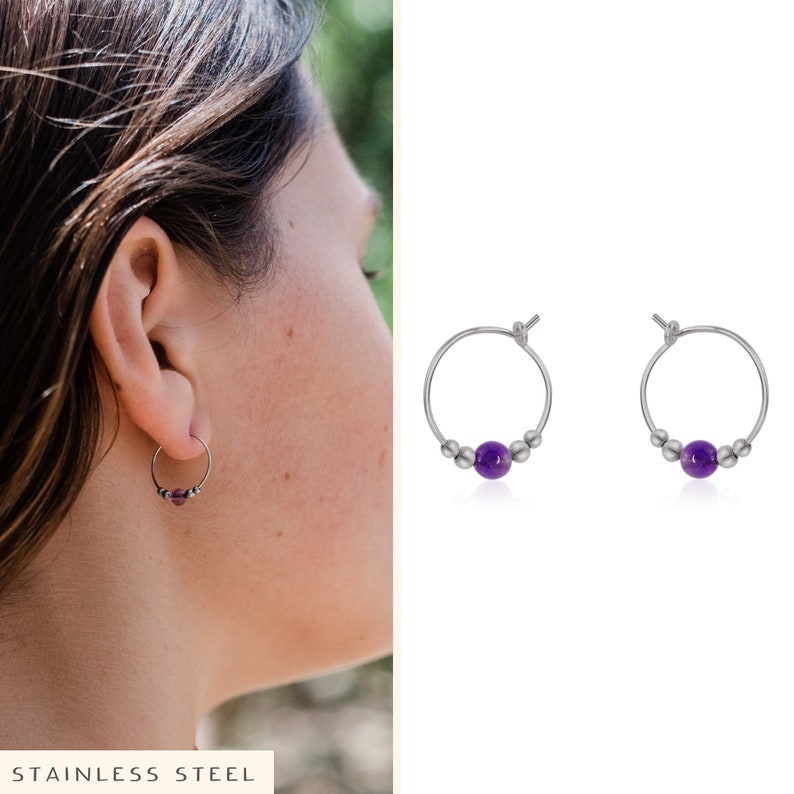 Tiny purple amethyst bead hoop earrings in silver, gold, or rose gold. Simple gemstone amethyst earrings for women. Everyday earrings gift. image 5