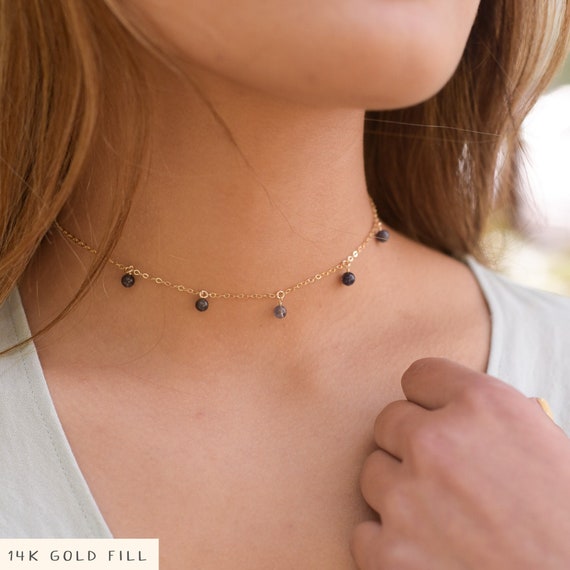 Iolite Bead Drop Choker. Iolite Choker. Blue Bead Choker. Grey