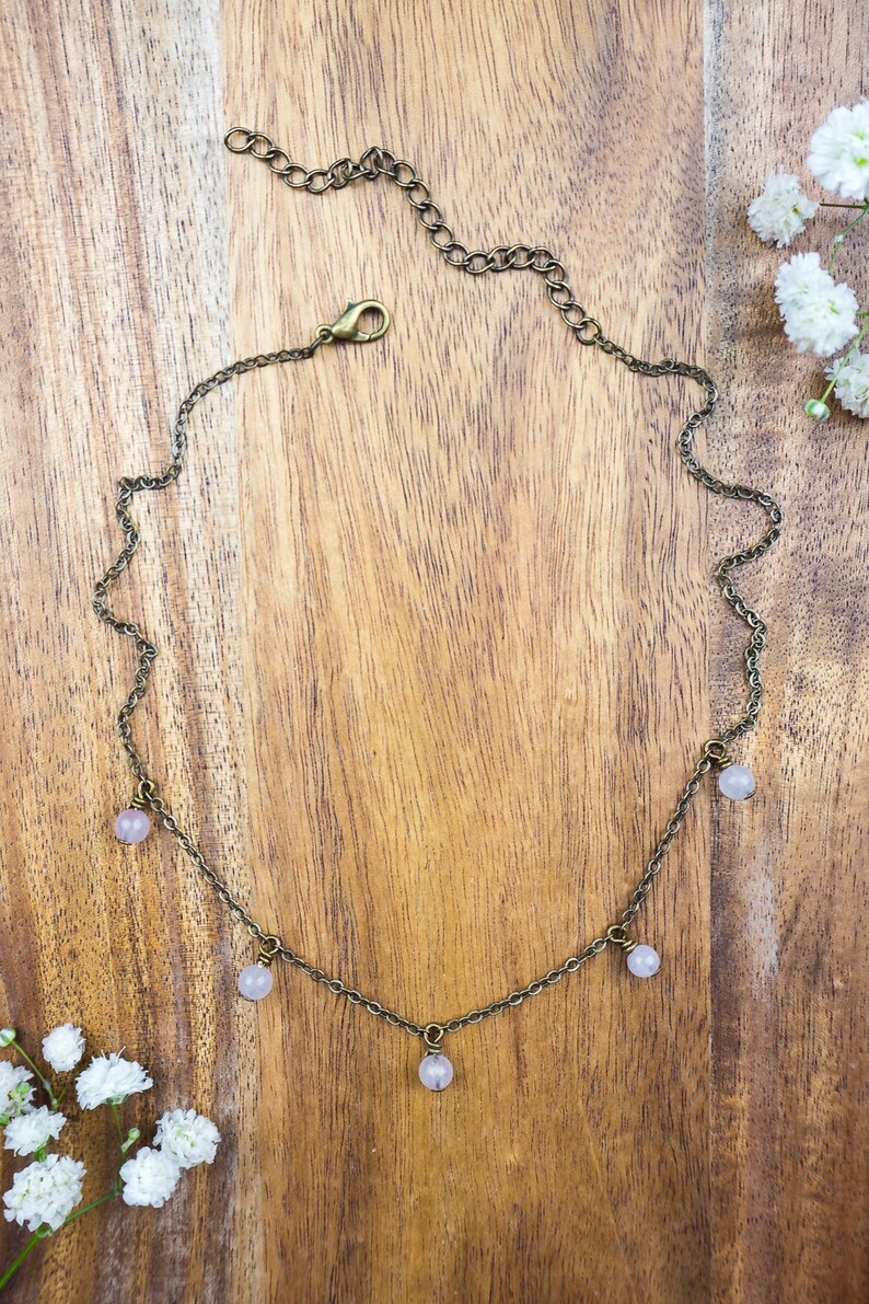 12 with 2 extender Boho rose quartz bead drop choker necklace in bronze January birthstone gold or rose gold Ships from USA silver
