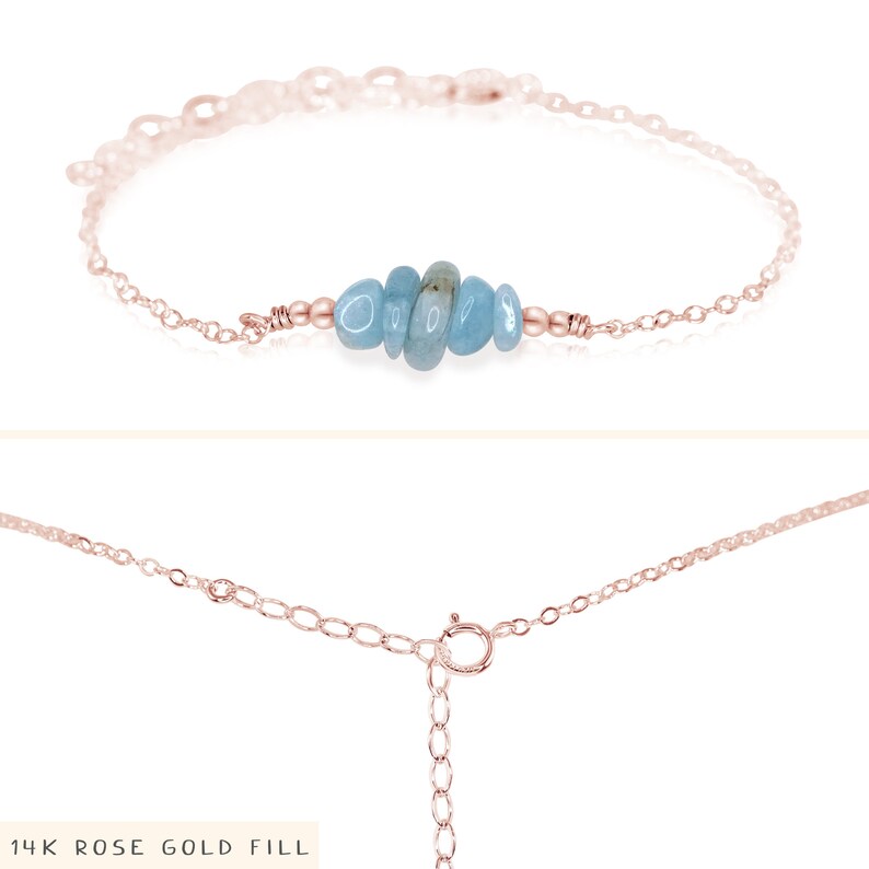 Aquamarine bead bar crystal bracelet in bronze, silver, gold or rose gold 6 chain with 2 adjustable extender March birthstone image 3