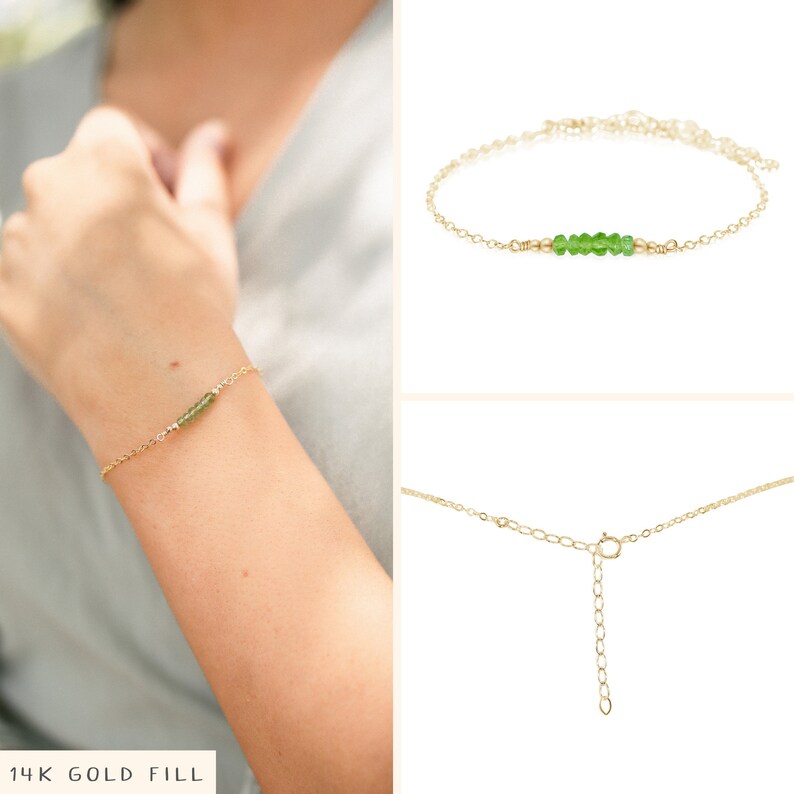 Green peridot bead bracelet. Tiny peridot rondelle bead bar gemstone bracelet. Peridot beaded bar bracelet. August birthstone bracelet. 14k Gold Fill
