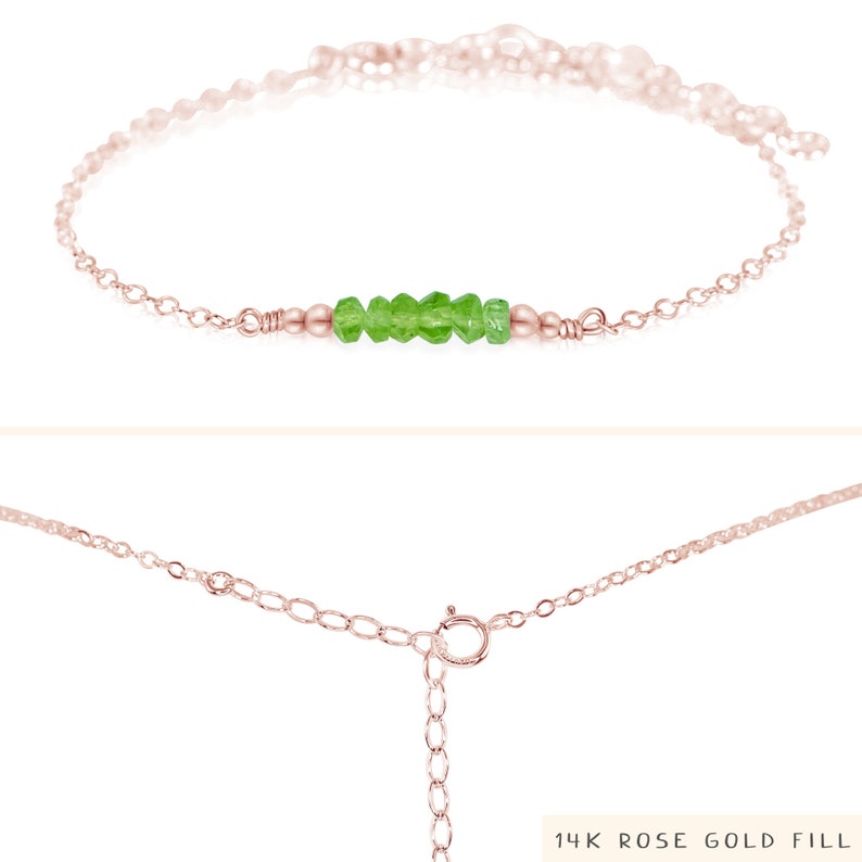 Green peridot bead bracelet. Tiny peridot rondelle bead bar gemstone bracelet. Peridot beaded bar bracelet. August birthstone bracelet. 14k Rose Gold Fill