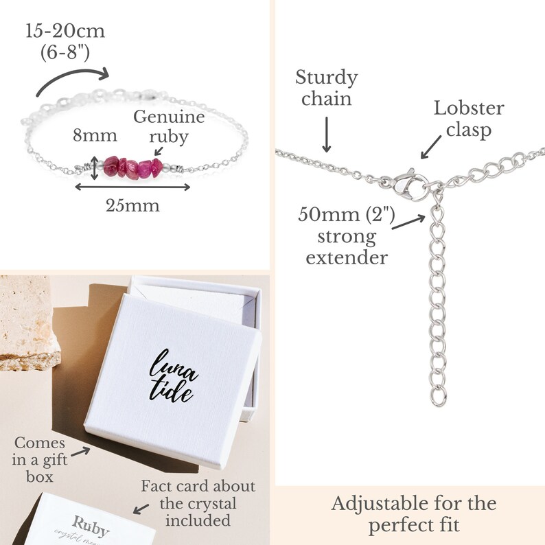 Ruby bead bar crystal bracelet in bronze, silver, gold or rose gold 6 chain with 2 adjustable extender image 8