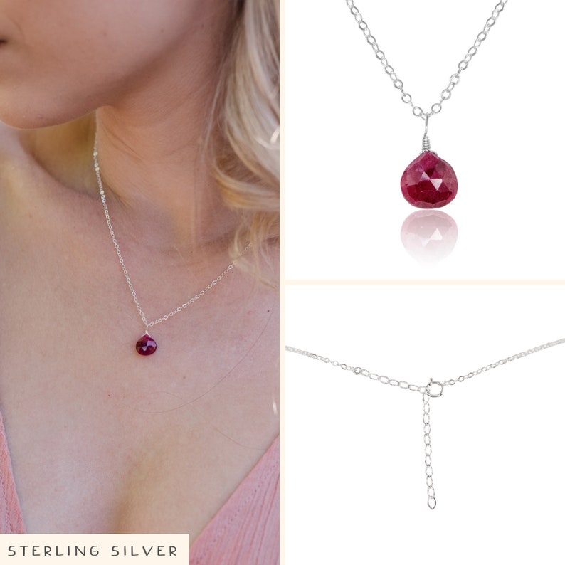 Tiny Ruby Necklace Small Ruby Faceted Teardrop Necklace Natural Pink Red Gemstone Necklace July Birthstone Necklace image 4