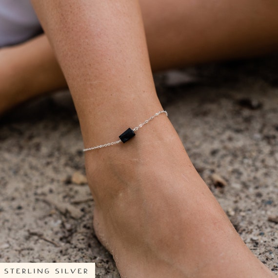 Raw Black Tourmaline Crystal Nugget Anklet Bracelet in Gold