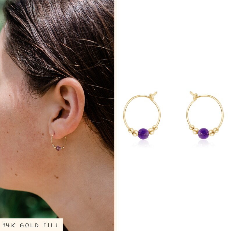 Tiny purple amethyst bead hoop earrings in silver, gold, or rose gold. Simple gemstone amethyst earrings for women. Everyday earrings gift. 14k Gold Fill