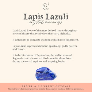 May include: Lapis Lazuli crystal with a deep blue color. The text reads "Lapis Lazuli crystal meanings". The text below describes the crystal's history, symbolism, and properties.