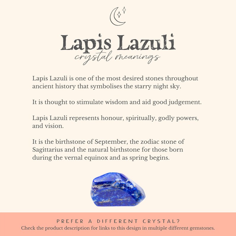 May include: Lapis Lazuli crystal with a deep blue color. The text reads "Lapis Lazuli crystal meanings". The text below describes the crystal's history, symbolism, and properties.