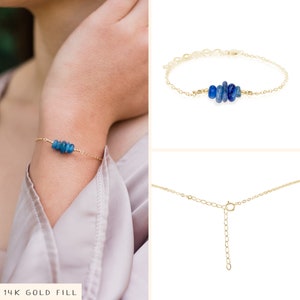 Blue kyanite bead bar crystal bracelet in bronze, silver, gold or rose gold 6 chain with 2 adjustable extender image 2