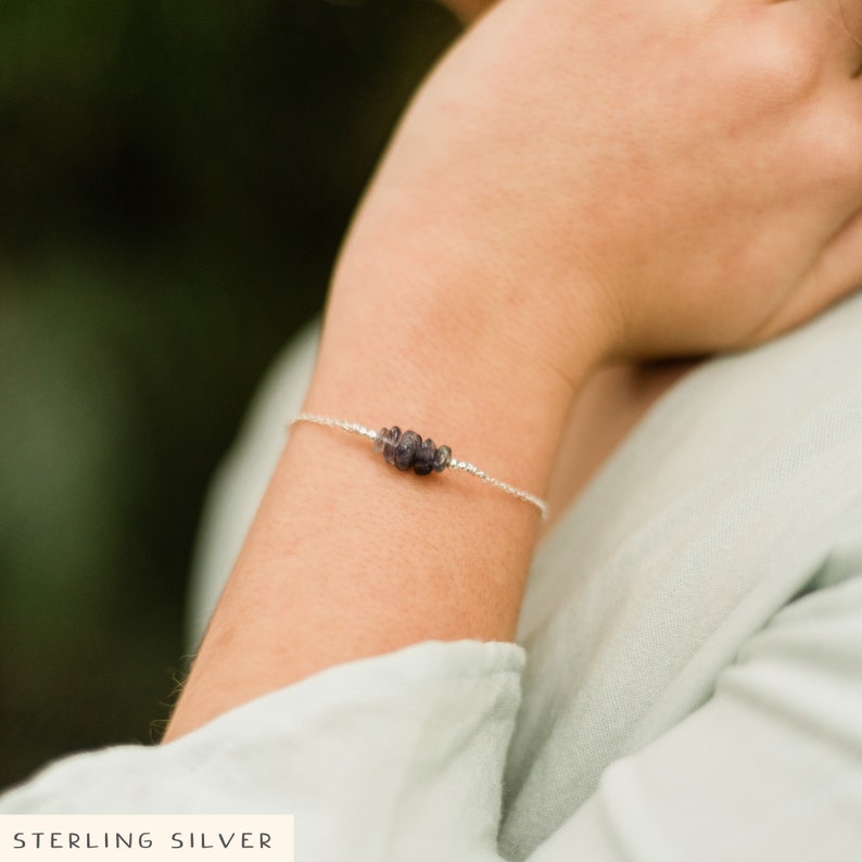 Iolite bead bar crystal bracelet in bronze, silver, gold or rose gold 6 chain with 2 adjustable extender September birthstone image 1