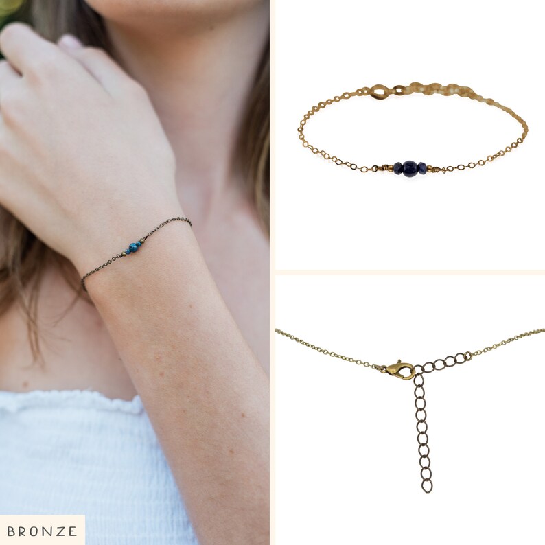 Sapphire dainty gemstone bracelet in gold, silver, bronze, rose gold 6 chain with 2 adjustable extender September birthstone bracelet Bronze