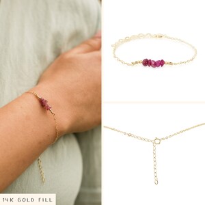 Ruby bead bar crystal bracelet in bronze, silver, gold or rose gold 6 chain with 2 adjustable extender image 2