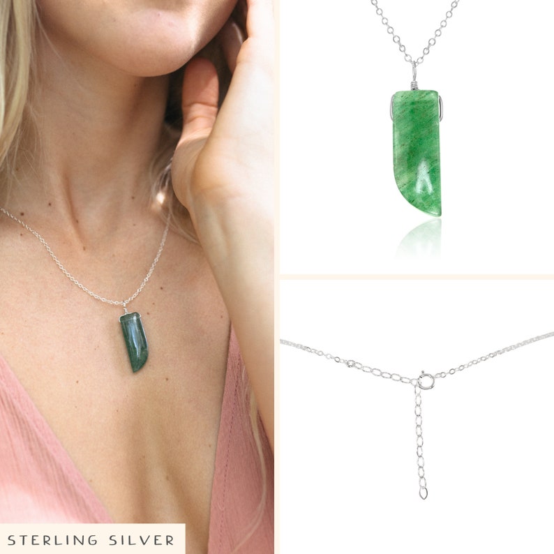 Aventurine smooth polished point crystal necklace Natural aventurine necklace Large green aventurine crystal necklace Sterling Silver