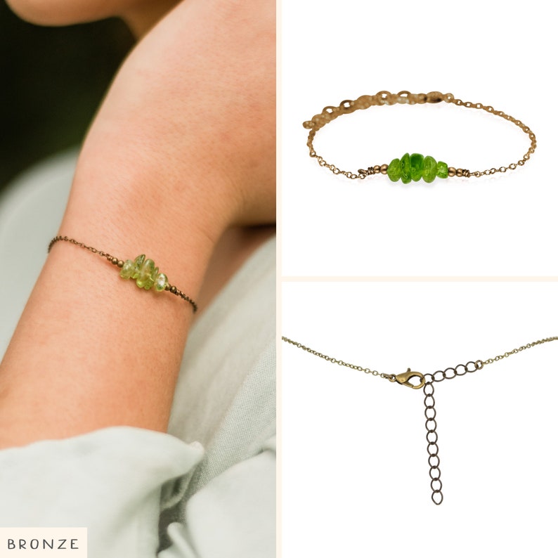 Peridot bead bar crystal bracelet in bronze, silver, gold or rose gold 6 chain with 2 adjustable extender August birthstone Bronze