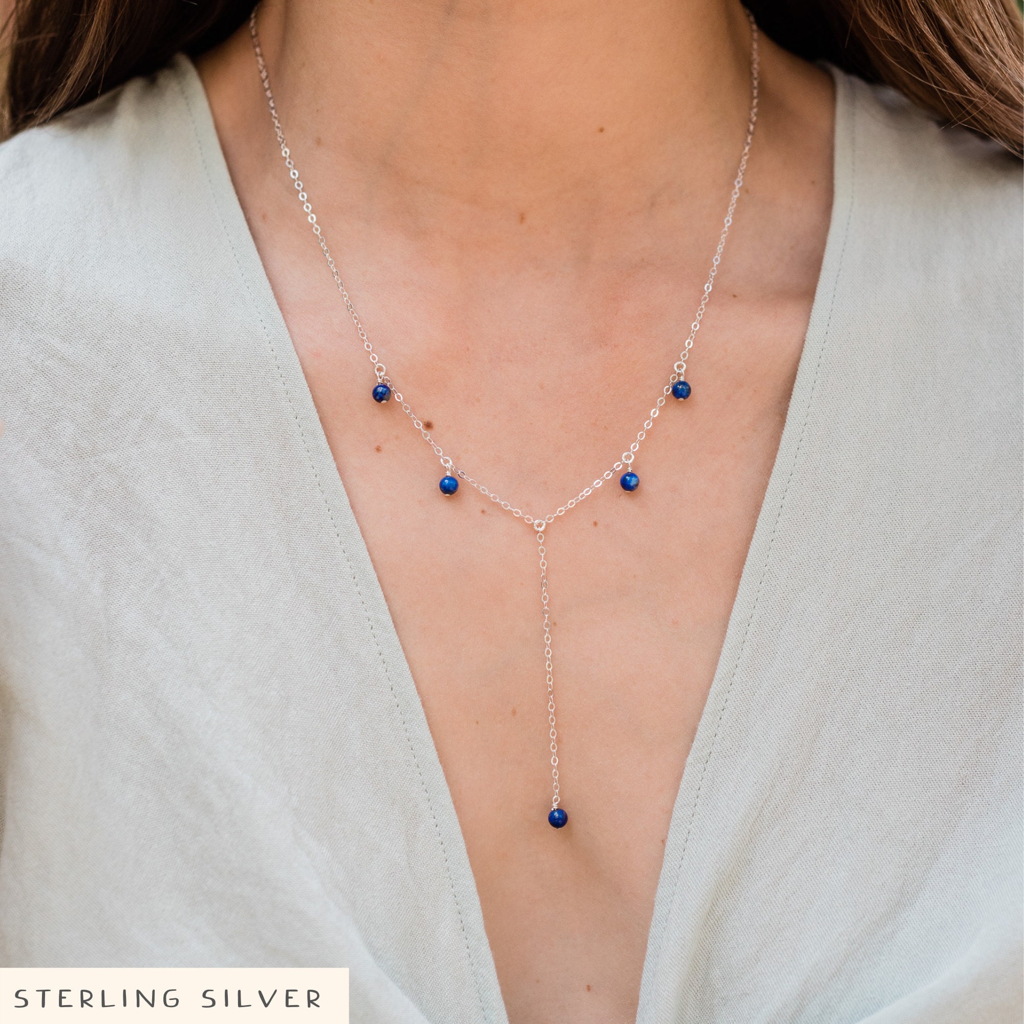 lapis lazuli necklace blue stone necklace knotted lariat Choker fashion Round 