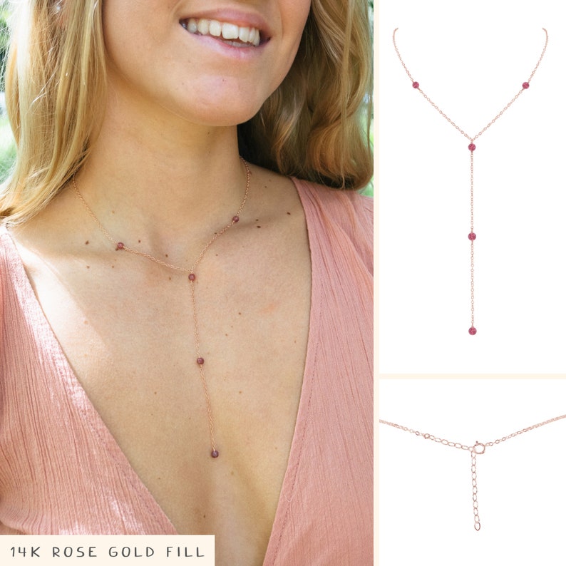 Pink tourmaline bead chain lariat necklace in bronze, silver, gold or rose gold. 16 long with 2 adjustable extender. October birthstone image 3