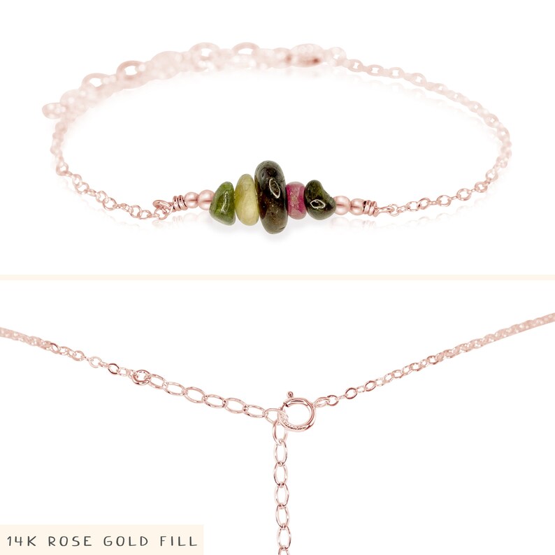 Tourmaline bead bar crystal bracelet in bronze, silver, gold or rose gold 6 chain with 2 adjustable extender October birthstone image 3