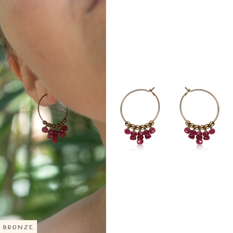 Ruby hippie earrings. Hoop fringe earrings. Modern tribal hoops. Statement earrings. Ruby earrings. Beaded earrings. July birthstone image 6