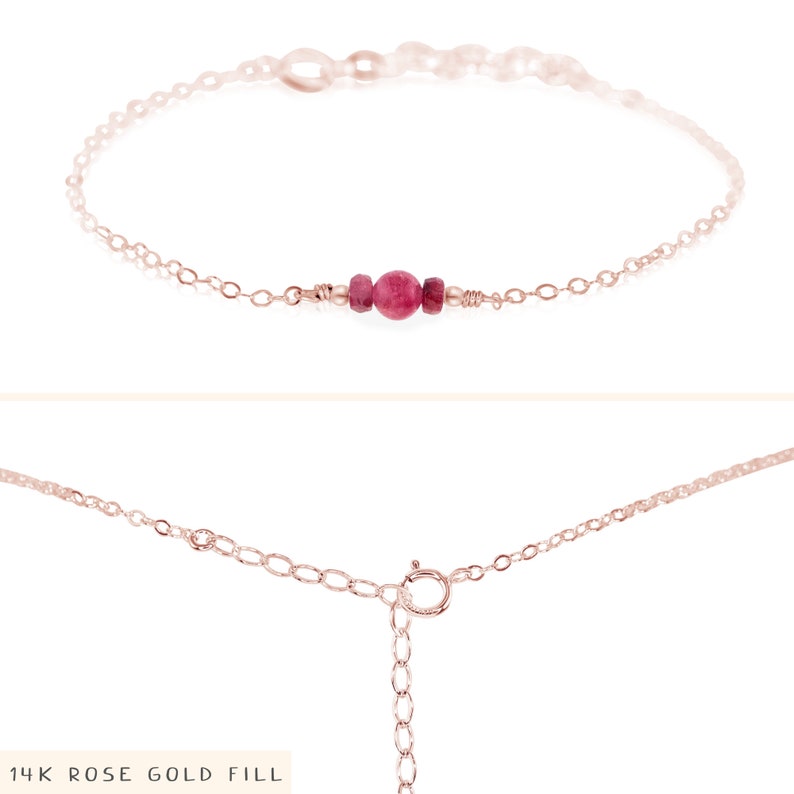 Puede incluir: Un delicado brazalete de cadena de oro rosa relleno con una sola cuenta de piedra preciosa rosa. 14K Oro Rosa Relleno.