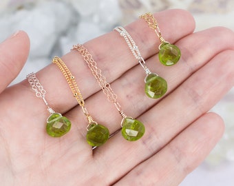 Tiny Peridot Teardrop Necklace – August Birthstone, Spiritual Gift