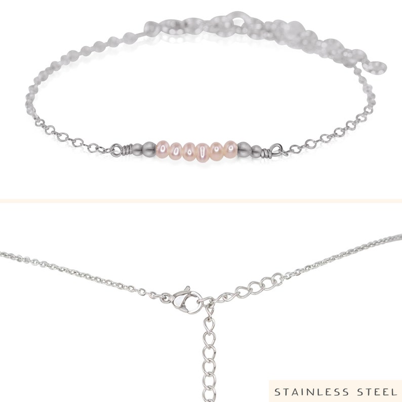 Tiny freshwater pearl bead bar bracelet. White pearl bracelet. Elegant beaded bar bracelet for women. Dainty June birthstone bracelet gift. Stainless Steel