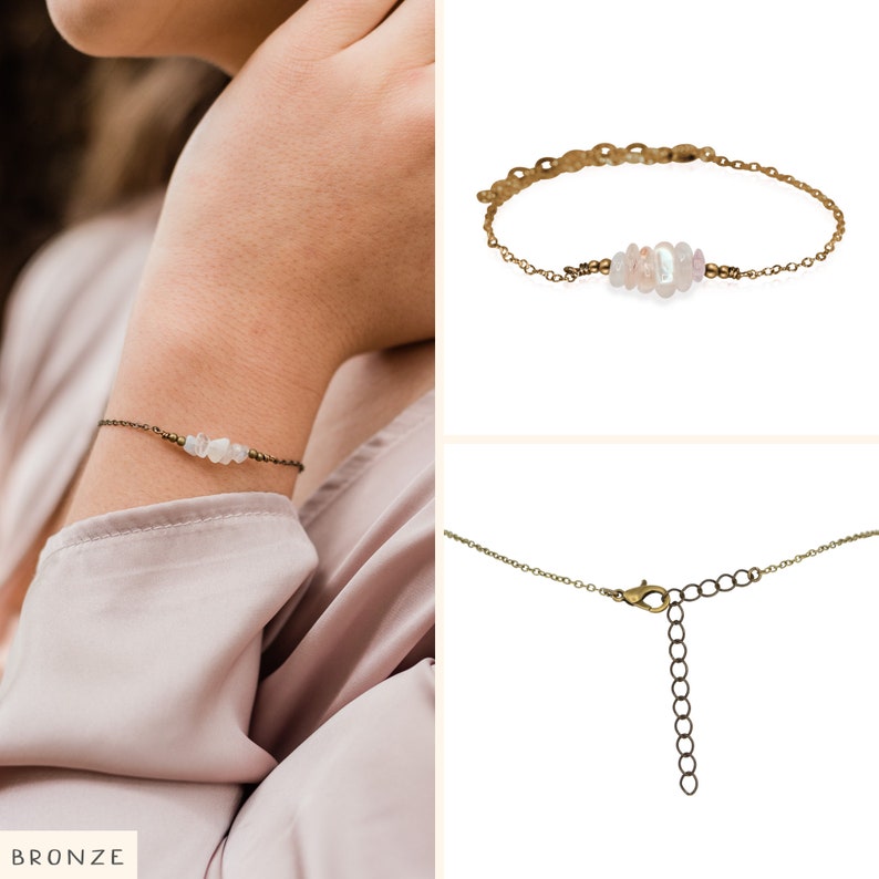 Moonstone bead bar crystal bracelet in bronze, silver, gold or rose gold 6 chain with 2 adjustable extender June birthstone Bronze