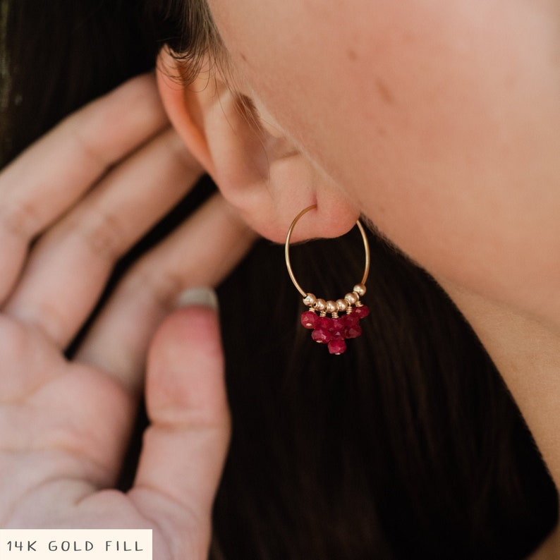 Ruby hippie earrings. Hoop fringe earrings. Modern tribal hoops. Statement earrings. Ruby earrings. Beaded earrings. July birthstone image 1