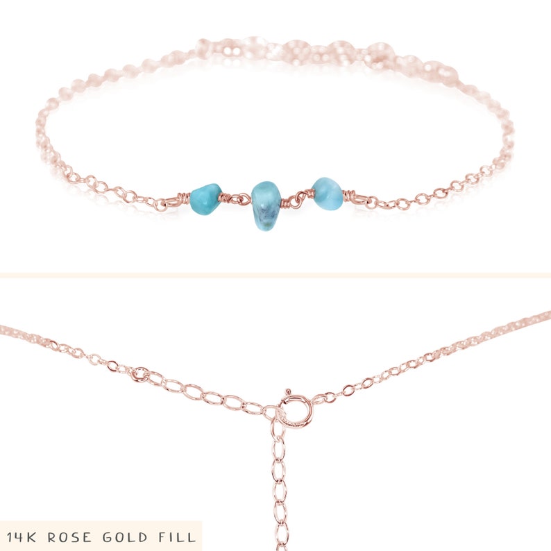 Light blue aqua larimar gemstone beaded bracelet in bronze, silver, gold or rose gold 6 with 2 adjustable extender 14k Rose Gold Fill