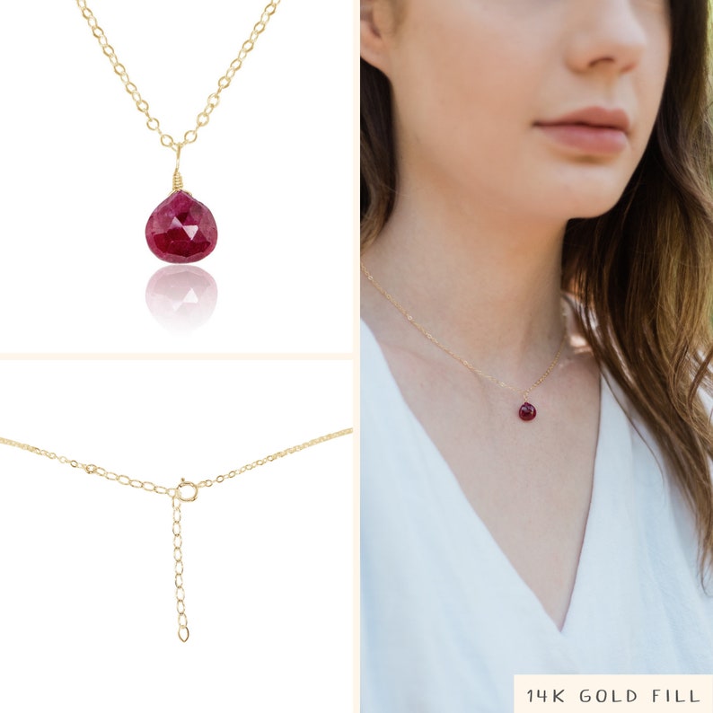 Tiny Ruby Necklace Small Ruby Faceted Teardrop Necklace Natural Pink Red Gemstone Necklace July Birthstone Necklace image 2