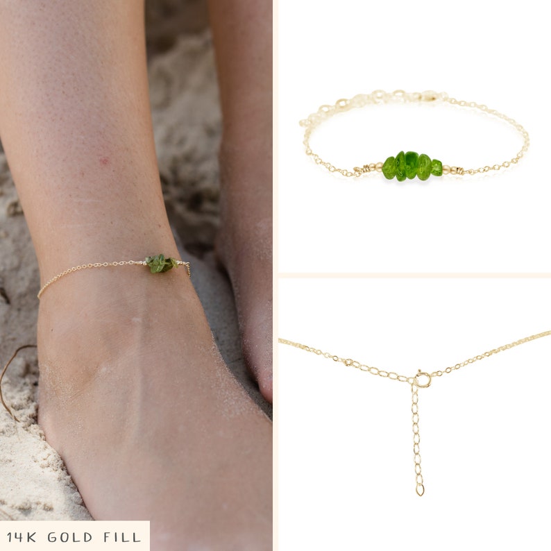 Peridot bead bar crystal gemstone anklet in bronze, silver, gold or rose gold 8 chain with 2 adjustable extender August birthstone image 2