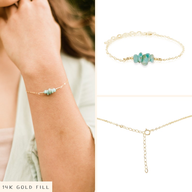 Amazonite bead bar crystal bracelet in bronze, silver, gold or rose gold 6 chain with 2 adjustable extender 14k Gold Fill